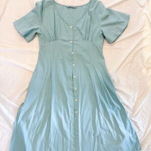 Milkmaid Linen Blend Teal Button-Down Dress Flutter Sleeve Cottagecore